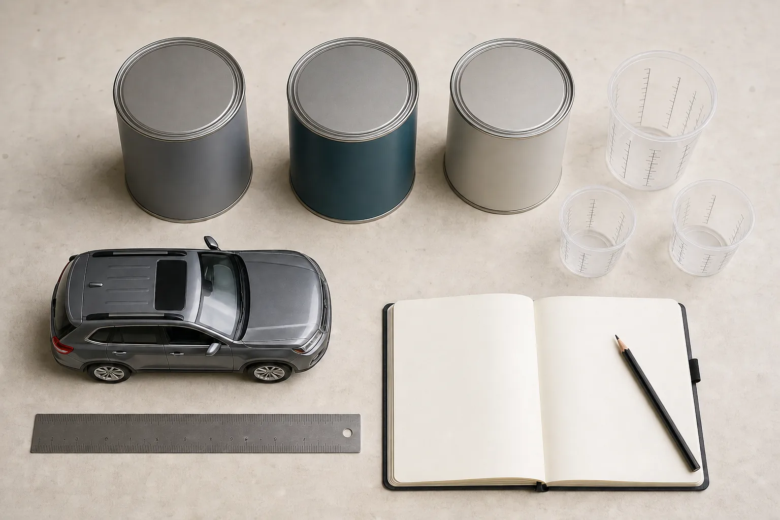 Overhead paint-quantity planning table with three closed coating cans, empty measuring cups, an SUV model, a ruler, and a blank notebook.