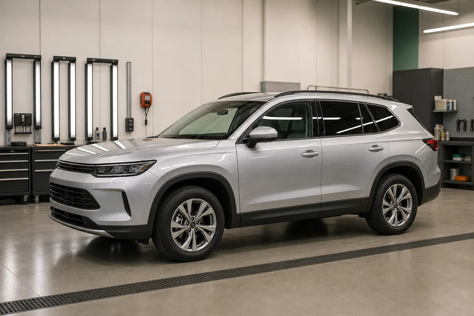 Silver SUV under neutral inspection lighting in an unbranded refinishing workshop.