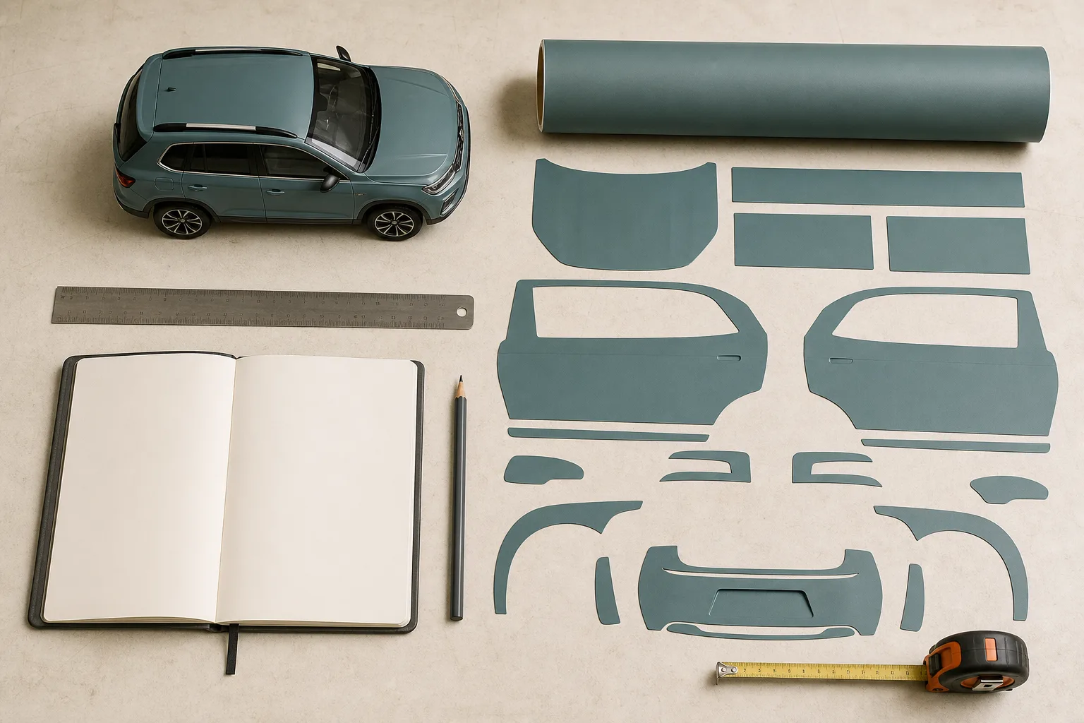 Overhead wrap-planning table with an SUV model, vinyl roll, panel templates, ruler, and blank notebook.