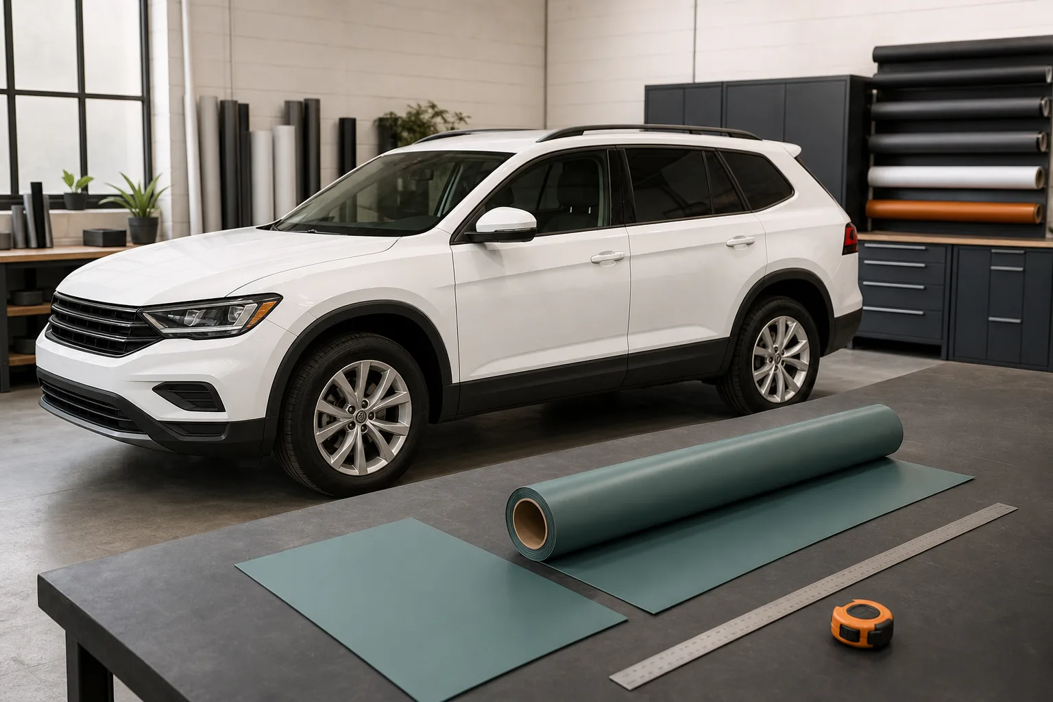 White SUV beside a muted teal vinyl roll and measurement tools in a clean workshop.