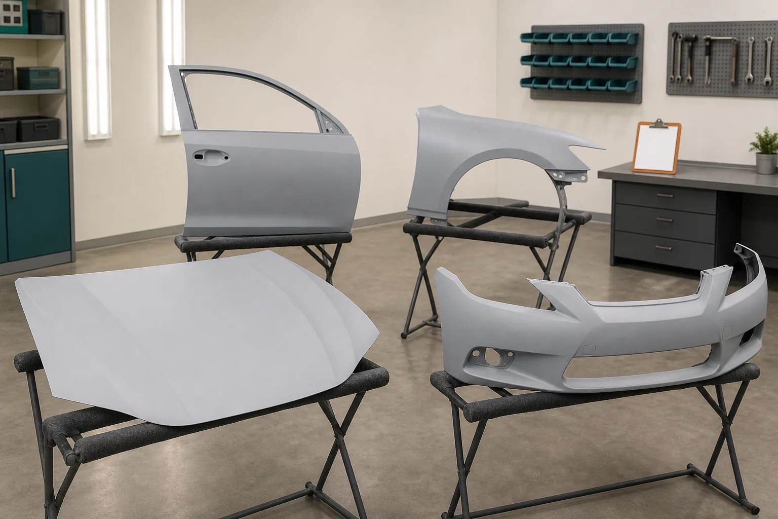 Hood, bumper, door, and fender arranged on padded stands in a clean refinishing workspace.