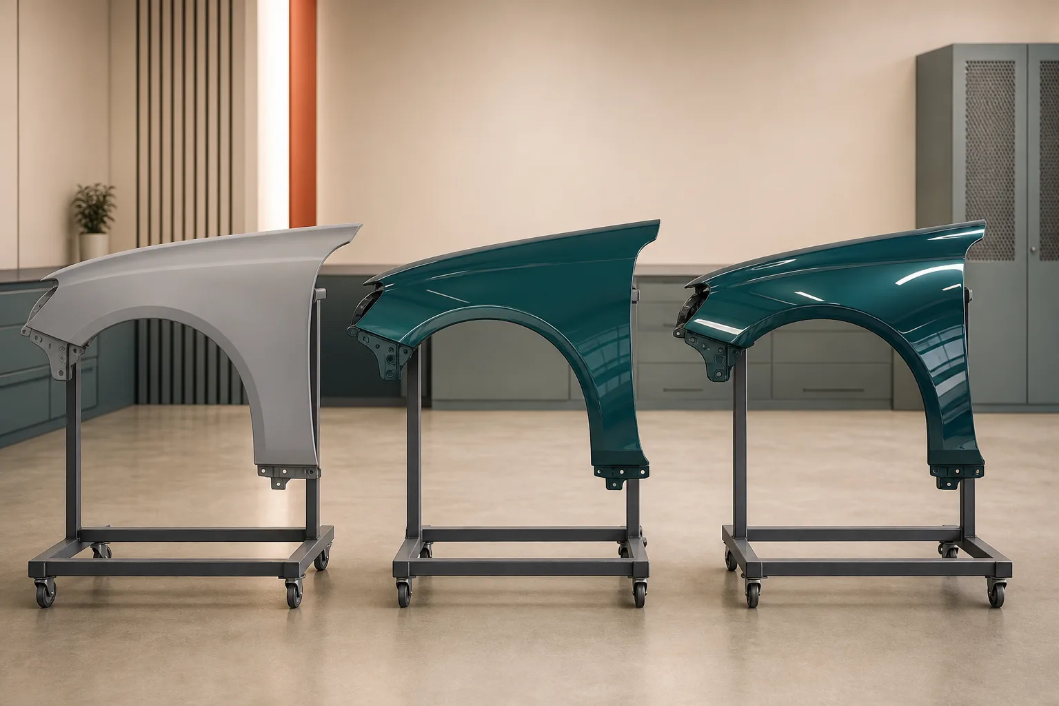 Three automotive fenders showing neutral gray, muted teal, and clear reflective finish stages.