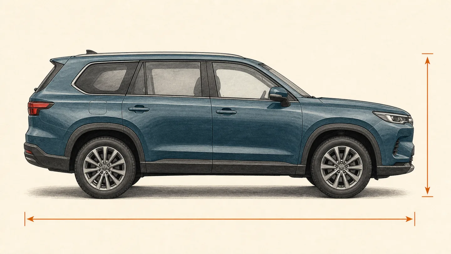Realistic two-row SUV with overall length and height measurement arrows